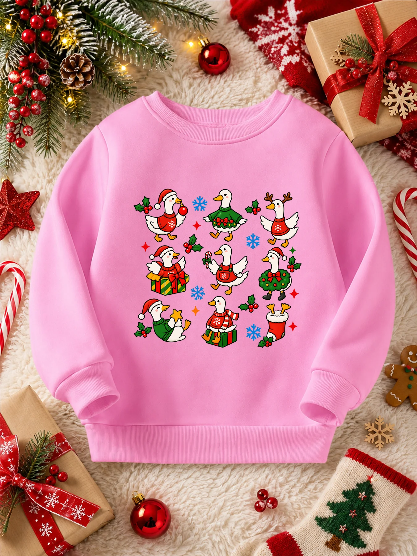 Cute Christmas Duck Cartoon Girls Sweatshirt, 100% Cotton Kids Autumn Winter Pullover, Girls Christmas Long Sleeve Tee