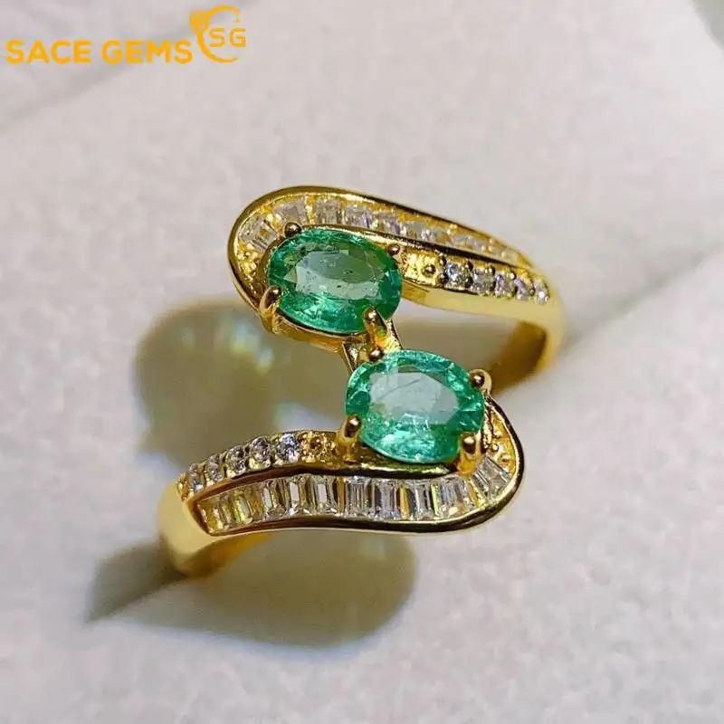 

SACE GEMS New Arrival Trend 925 Sterling Silver Resizable 4*5MM Natual Emerald Rings for Women Engagement Cocktail Party Jewelry