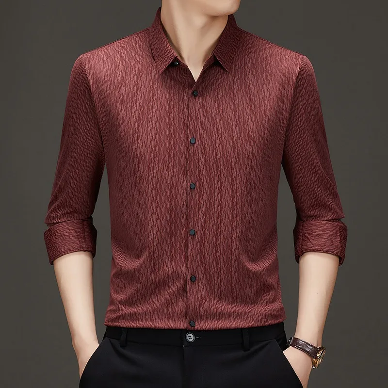 Premium Men Dress Shirts Breast Pocket Anti Wrinkle Seamless Elastic Tops Breathable High End Business Long Sleeve No Iron Shirt