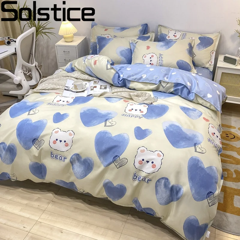 

Solstice Home Textile Blue Love Bear Duvet Cover Pillowcase Flat Sheet Cartoon Bedding Set Boy Kid Teen Girl Bed Linen Bedclothe