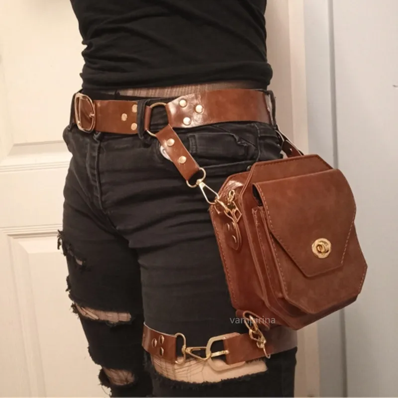 Steam Punk Retro PU Waist Bag Hip Packs For Women's Crossbody Cross Multi-function Outdoor Leg Phone Pouch Fanny Pack Belt Bag