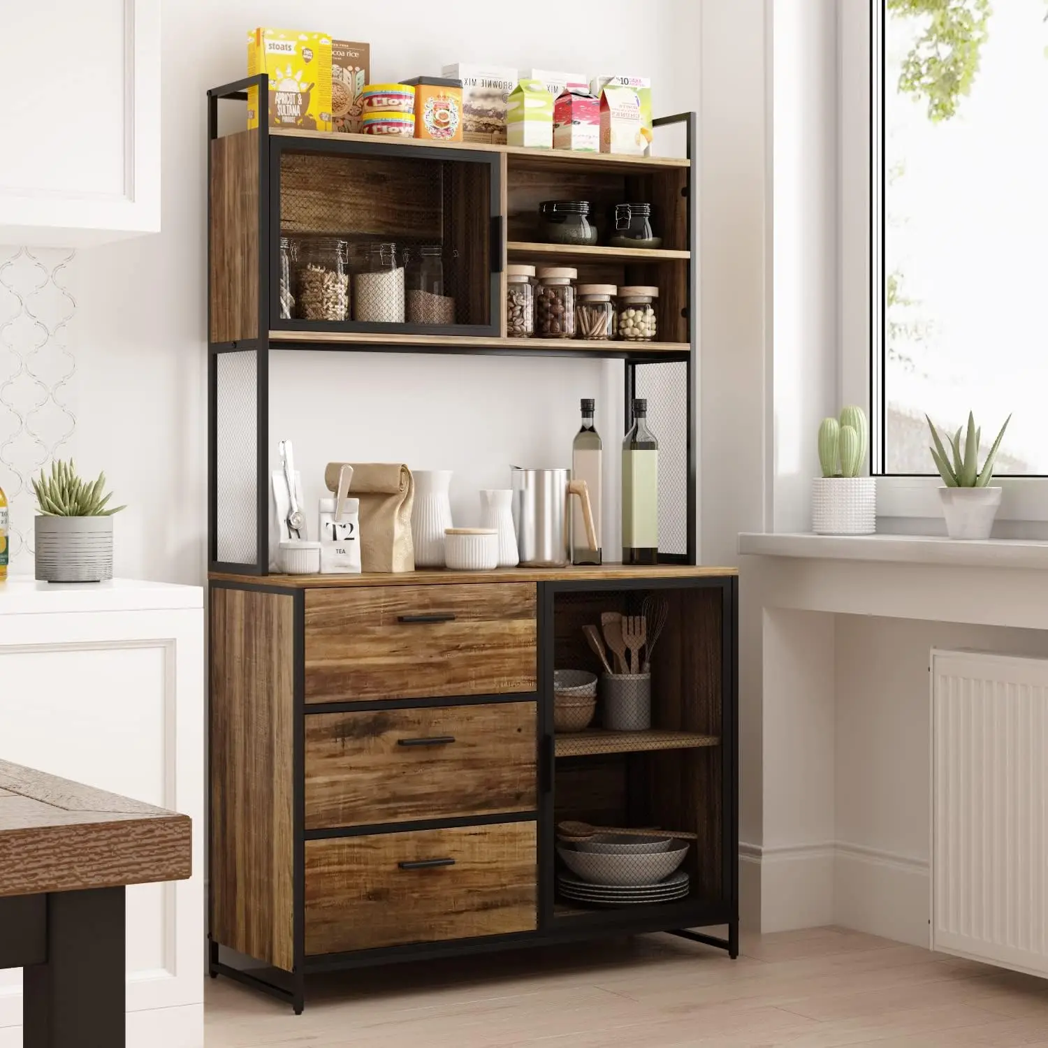 Ecacad Modern Wood Sideboard Buffet Storage Cabinet With Hutch, 2 Metal Mesh Doors, 3 Drawers & 5 Shelves, Kitchen Pantry