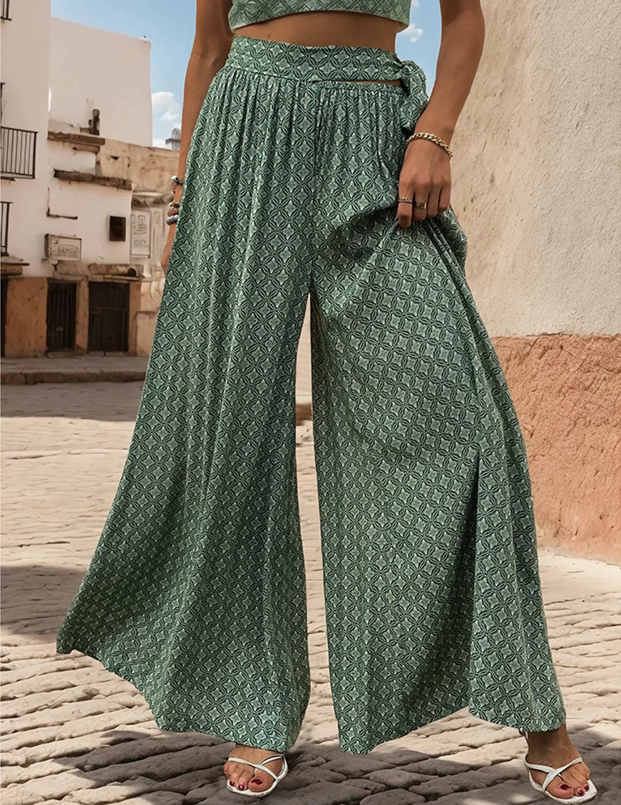 

2024 Summer New Women's Pants Fashion Casual Ethnic Style Printed Big Flared Wide Leg Pants