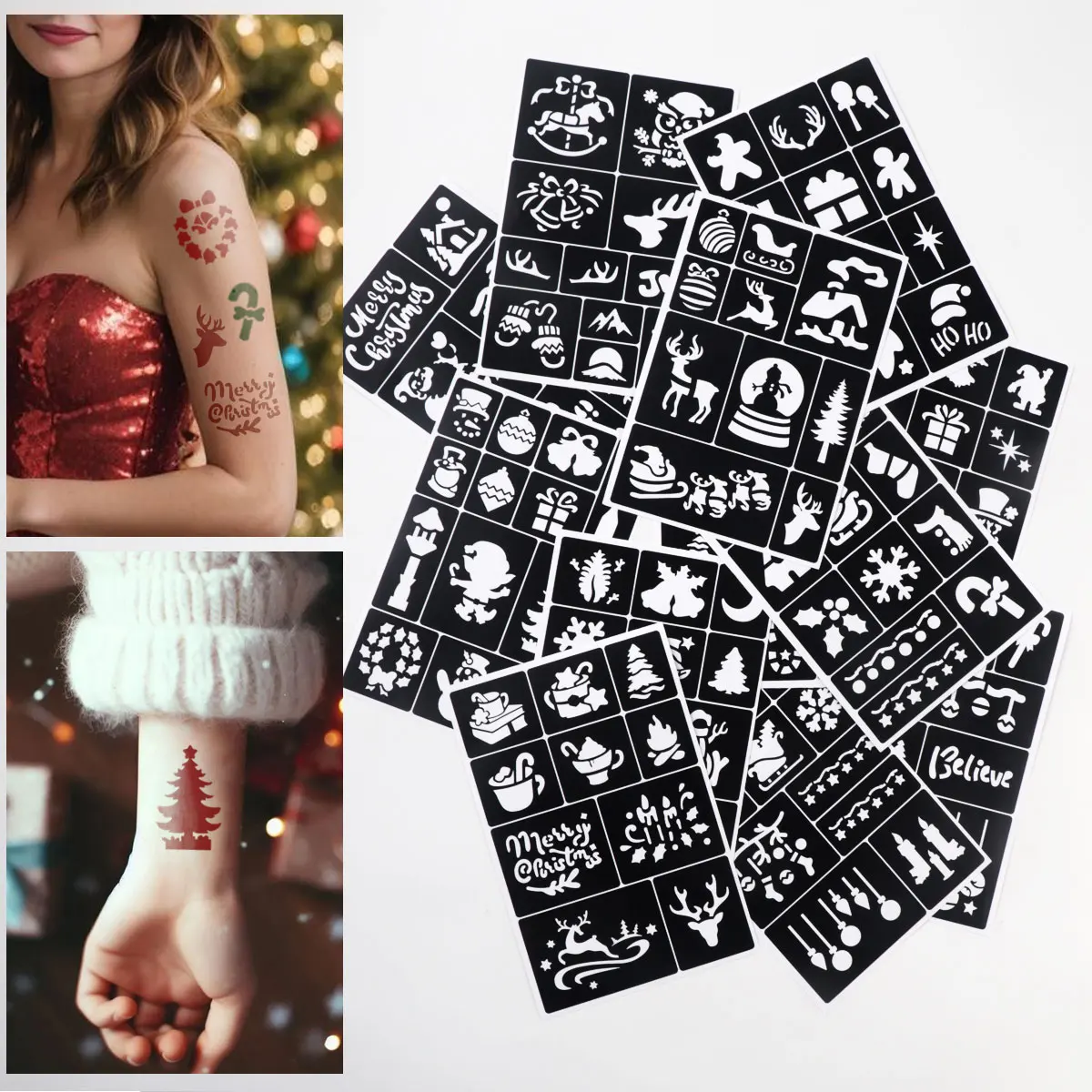 

129 Designs Hollow Tattoo Stencils Kit, Body Paint Stencil Templates Kit, Christmas Party DIY Airbrush/Glitter Tattoos Makeup
