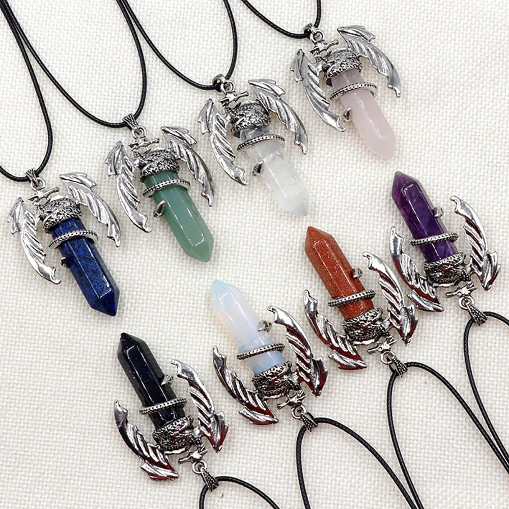 Flying Dragon Wrapped Crystal Double Point Hexagonal Pendant Healing Crystals Natural Stone Sweater Chain Necklace for Men Women