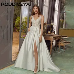RODDRSYA A-Line Satin Wedding Dress Side Slit V-Neck Beading Bride Gown Backless Sleeveless Classic vestidos de novia Customized