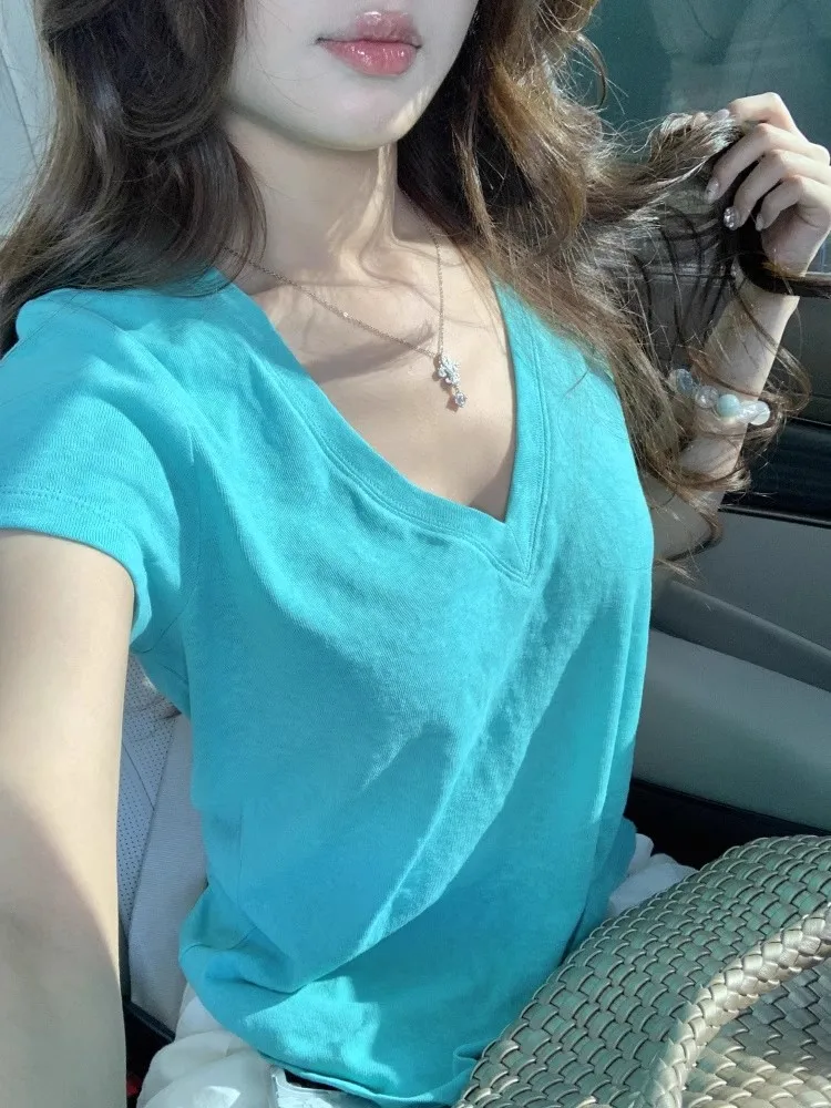 

Свободная женская футболка в корейском стиле, лето 2025, с V-образным вырезом, из хлопка, с узором «снежинка», свободного кроя, для повседневной носки