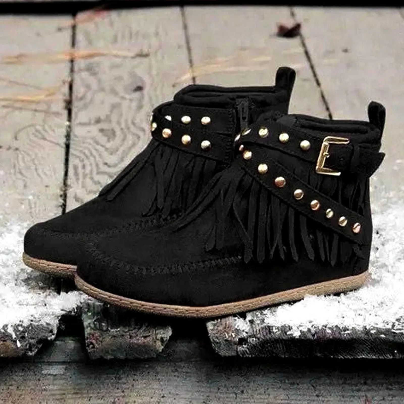 

Vintage Women Boots Suede Ankle Fringe Women Shoes Winter Boots Women Side Zipper Casual Shoes Round Toe Ladies Snow Boot