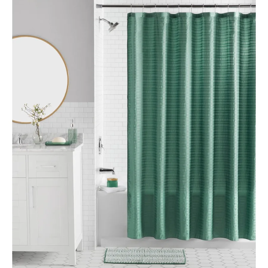 

16-Piece Green Textured Solid Shower Curtain Bathroom Set Green Fabric Curtain with Rug Hooks Soap Pump and Tray