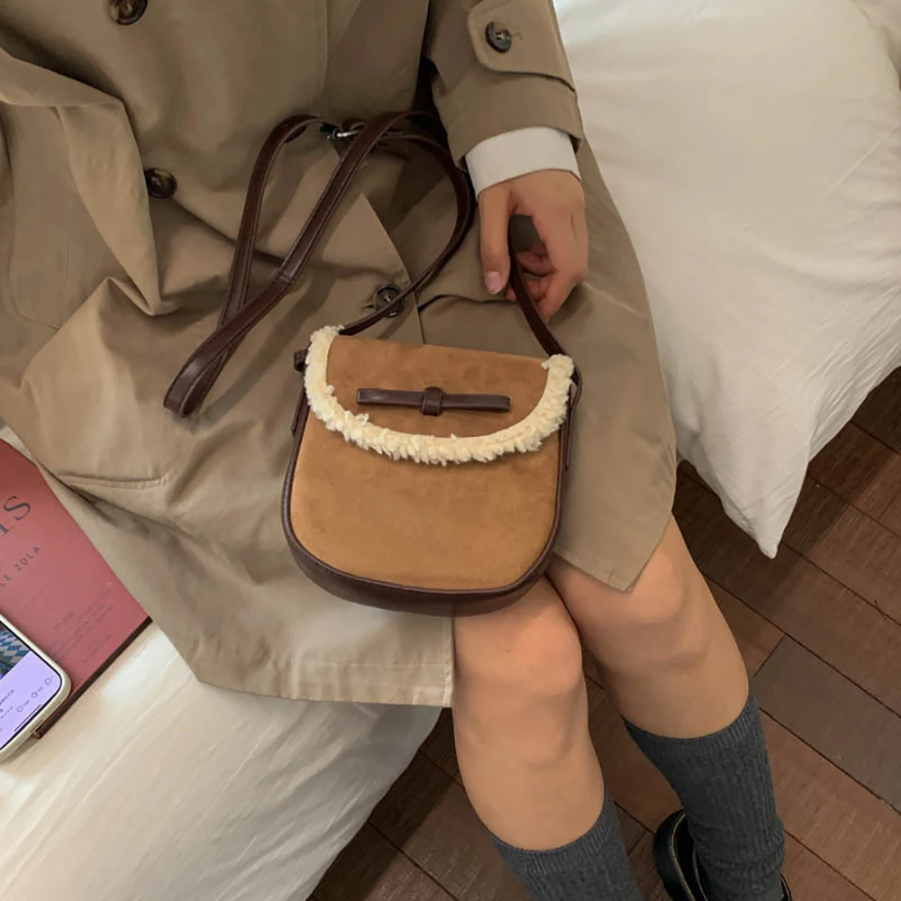 

Bow Lambswool Frosted Pu Crossbody Bag Autumn Winter Korean Style Messenger Bags Casual Buckle Versatile One Shoulder Packs