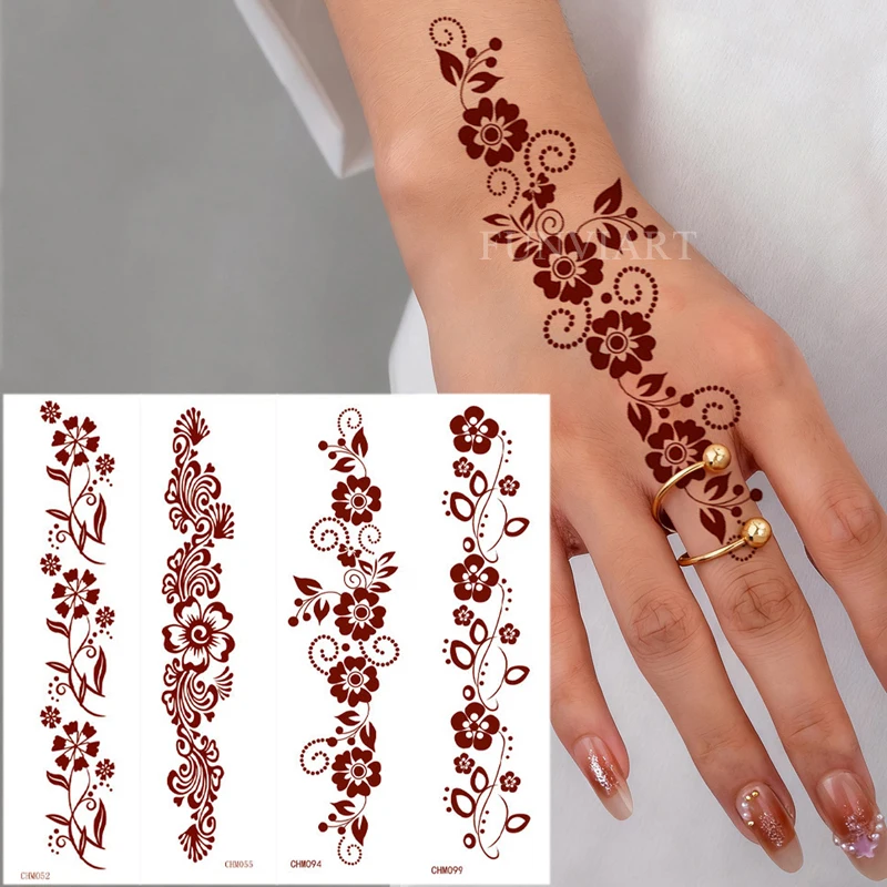 

4 шт. водостойкие коричневые татуировки хной наклейки для женщин цветочные временные татуировки поддельные татуировки для рук, ног, фестиваля, одежды для тела