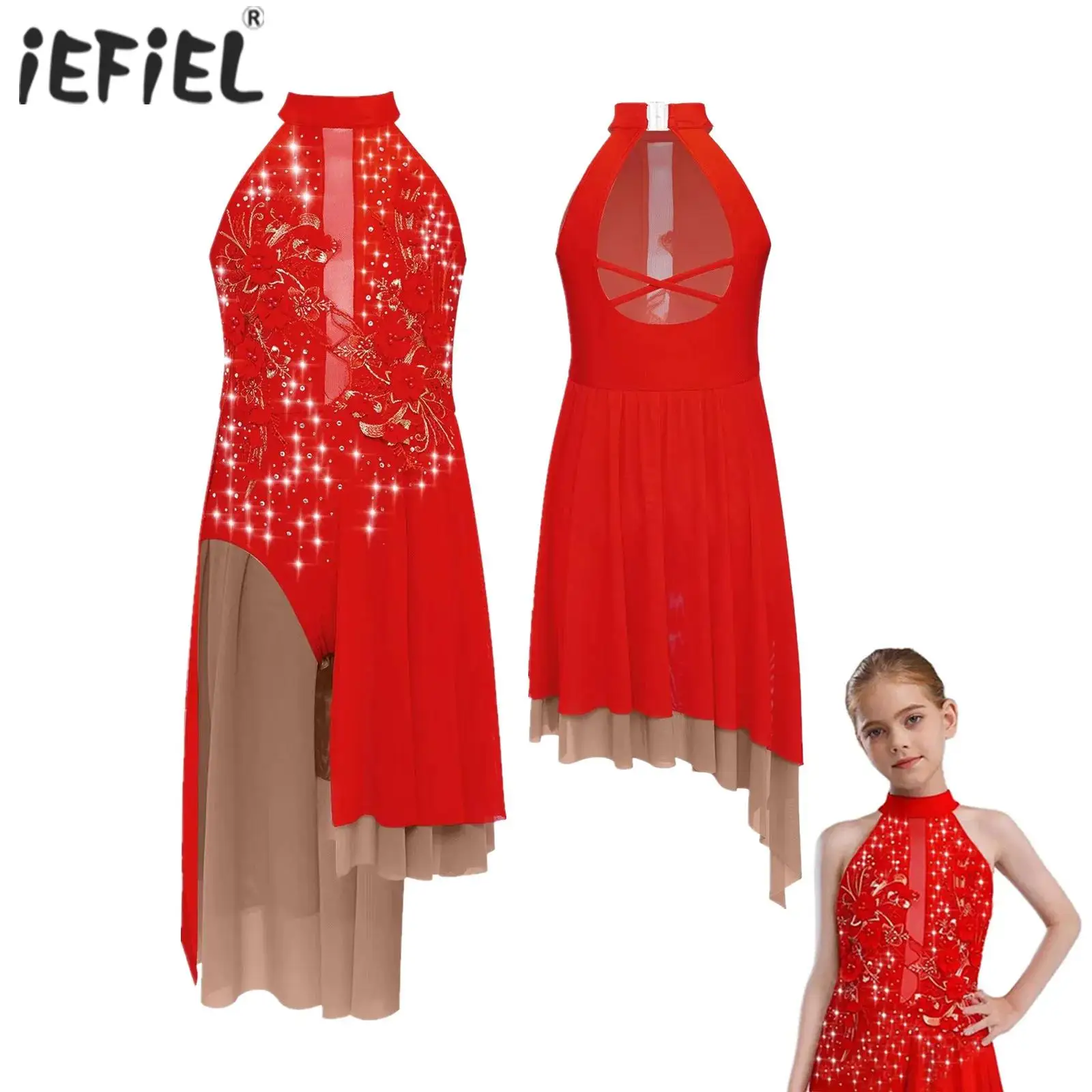 

Kids Girls Gymnastics Figure Skating Contemporary Ballet Lyrical Dance Performance Costume Applique Split Irregular Mesh Dress