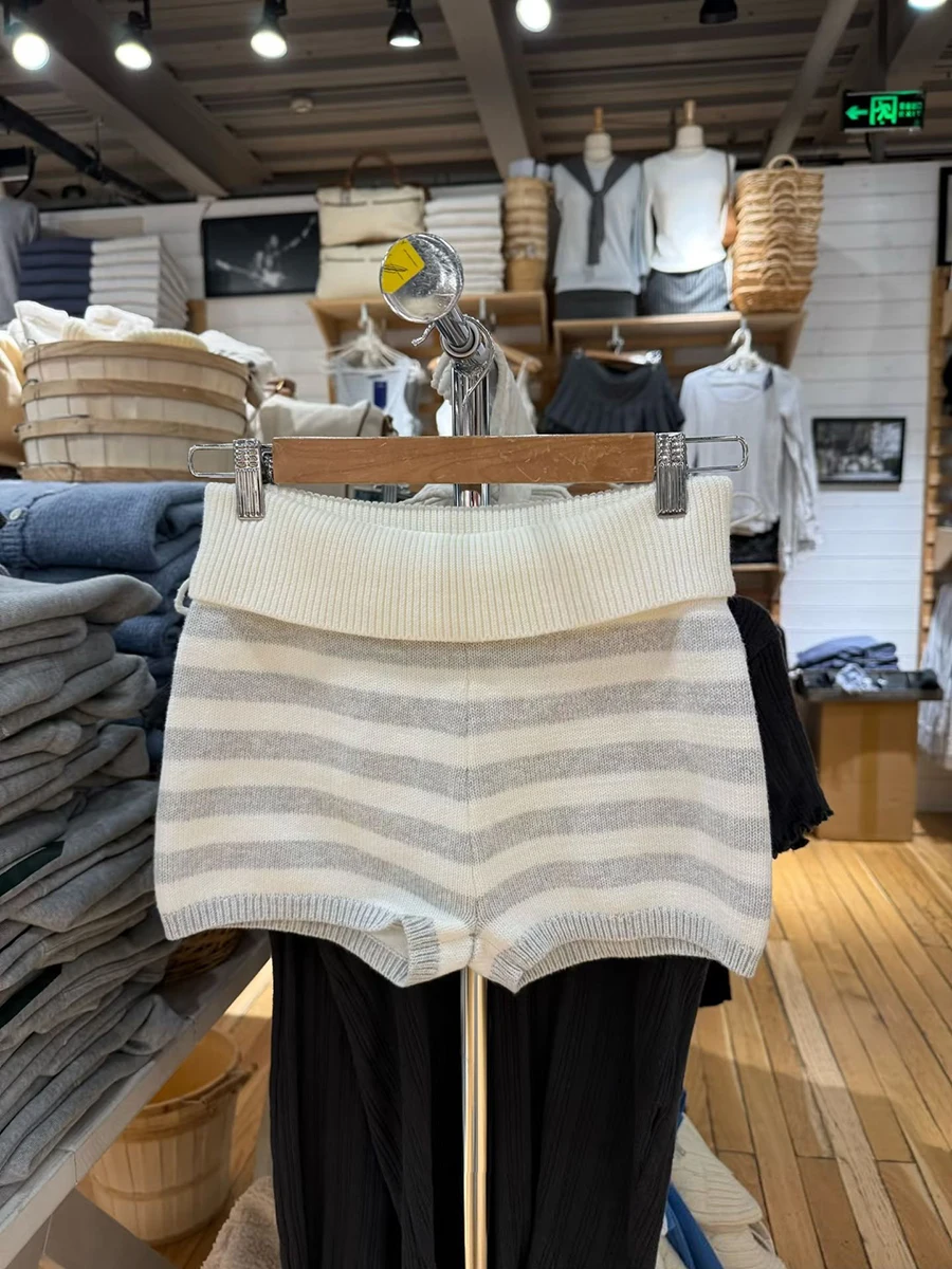 Grey Striped Flanging Knit Shorts Woman Spring Elastic Waist Cotton Straight Short Pants Casual Sweet Home Underwear Knitwear