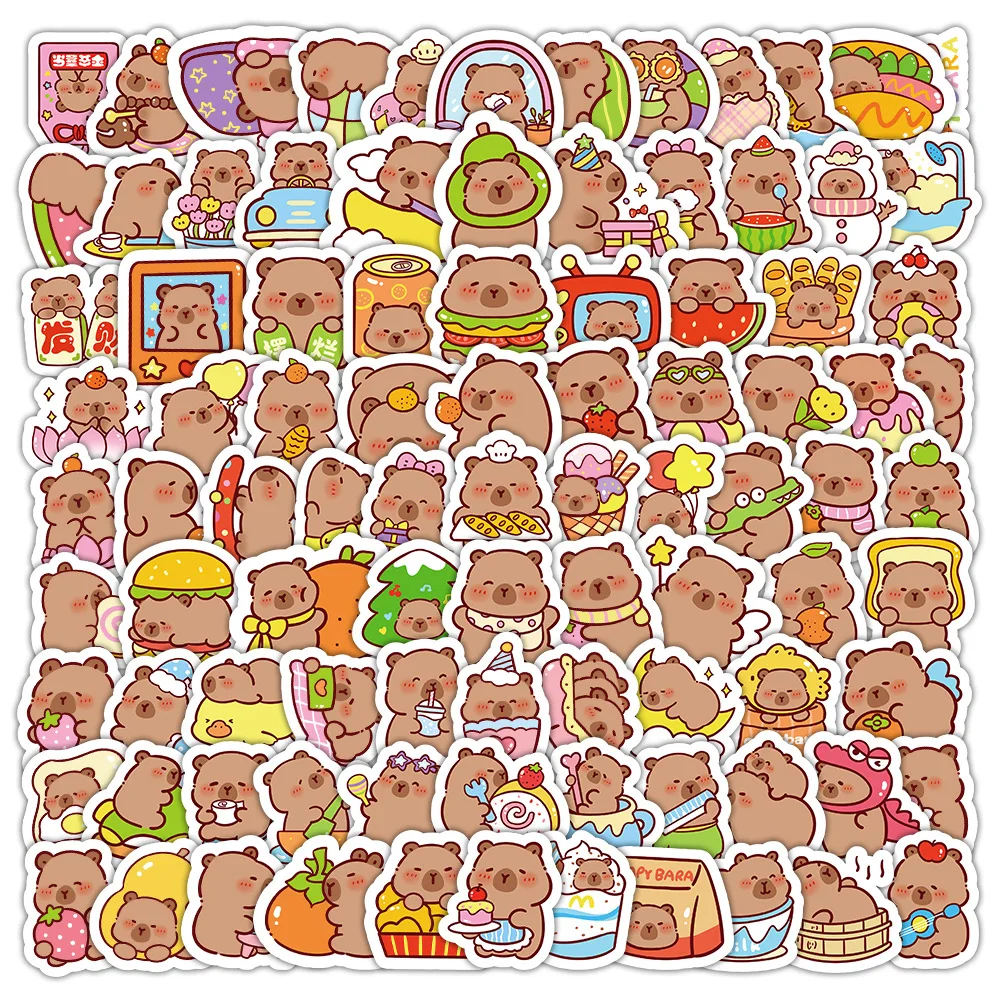 100 Stuks Cartoon Leuke Capybara Stickers PVC Esthetische Kapibala Graffiti Decals Scrapbooking DIY Telefoon Laptop Notebook Briefpapier