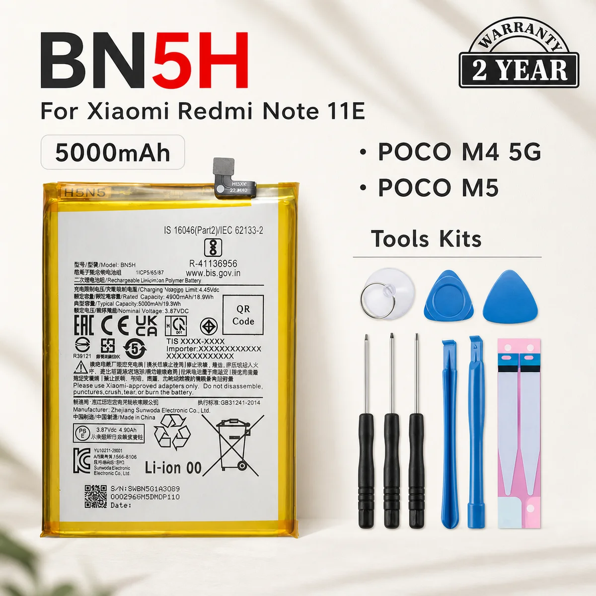 Bateria de Substituição BN5H 5000mAh com Ferramentas para Xiaomi Redmi Note 11E / POCO M4 5G / Poco M5 Peça de Reparo para Celular