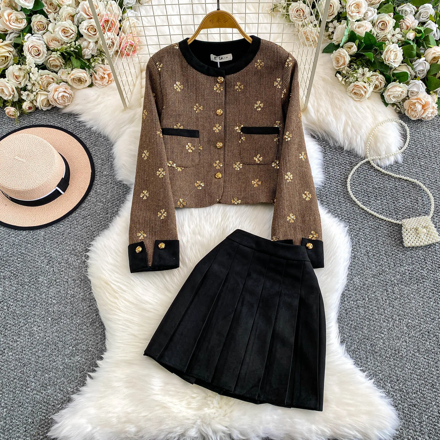 Ele ort jas en rokset met pailletten zwaar borduurwerk hertenhuid fluweel geplooid diamant ingebed herfstfaion voor dames...