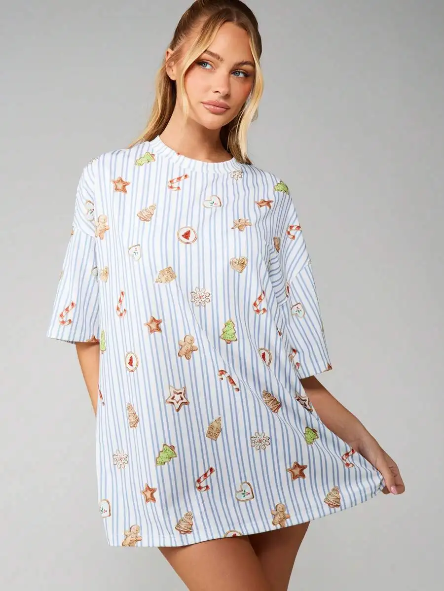 

Oversized Christmas Sleep Shirt With Gingerbread Cookie Print Striped Pattern For Women