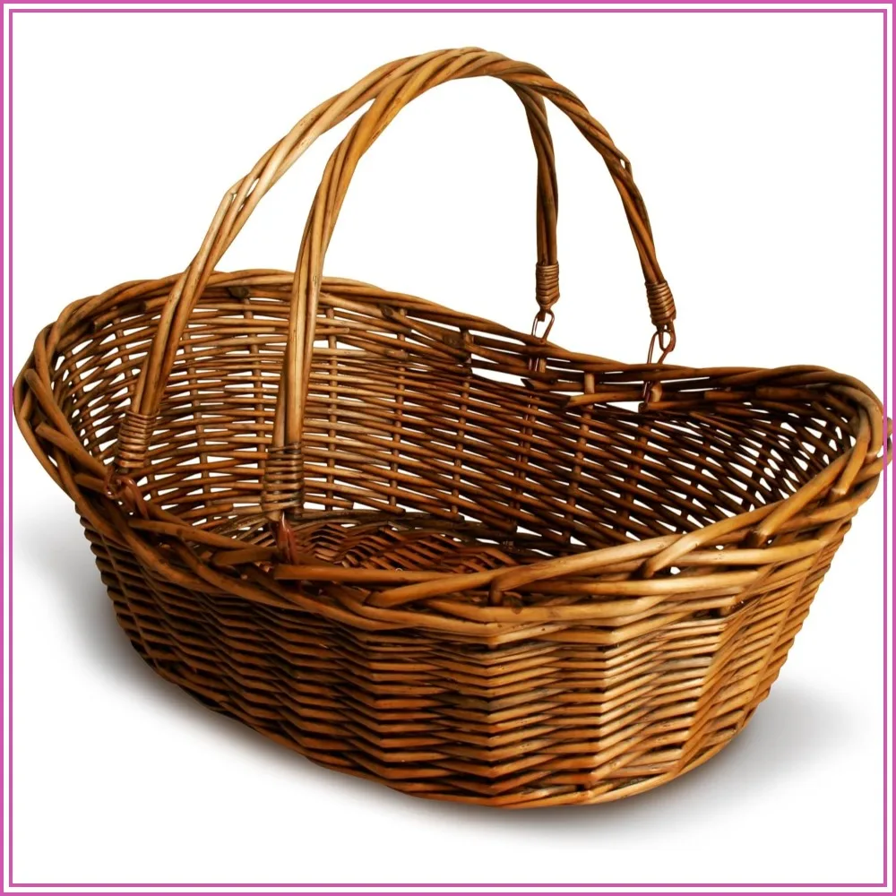 Large Dark Brown Hand Woven Wicker Storage Basket with Handles 20 x 7.5 in