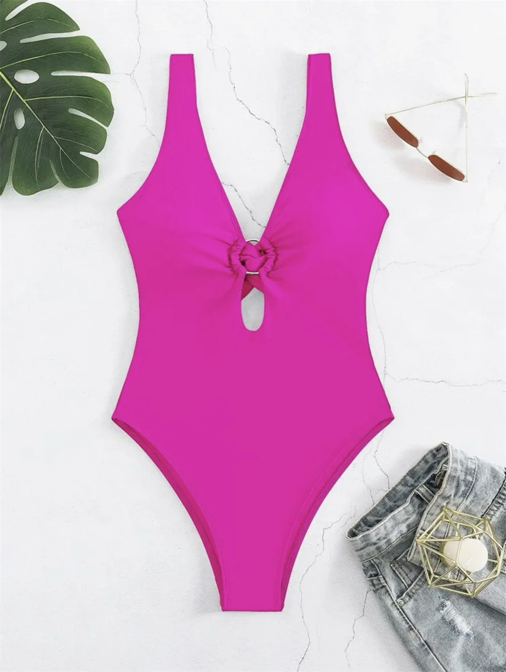 Verdrehte Aushöhlung Bikini Micro Monokini Ringe sexy Deep-V Badeanzug Frauen Bade bekleidung einteilige Strand Badeanzug Urlaub Outfits