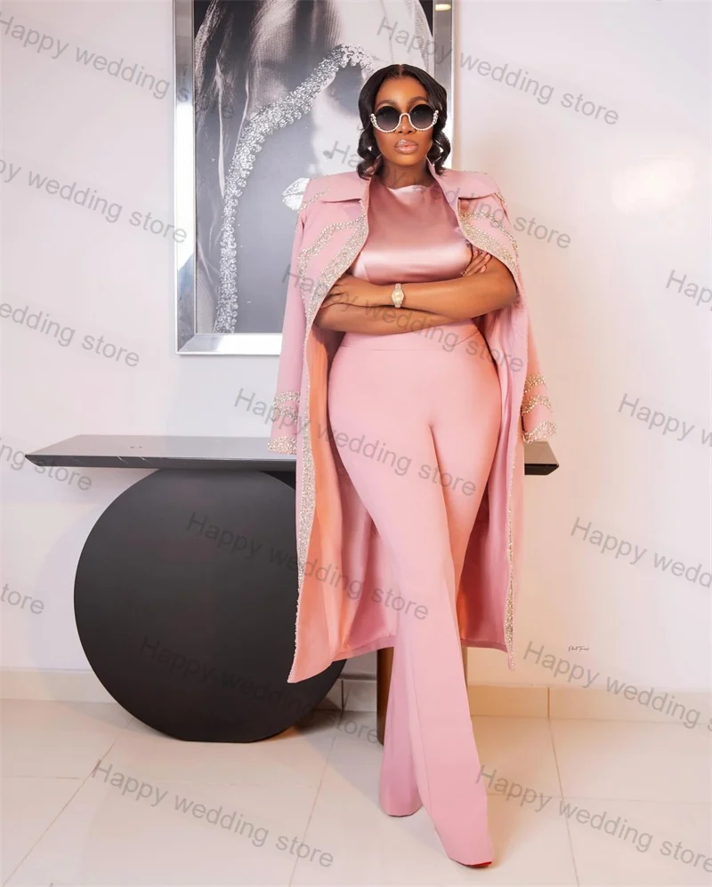 Pink Long Women Suits Set 2 Piece Crystals Blazer+Pants Formal Office Lady Jacket Prom Wedding Tuxedo Custom Made Cotton Coat