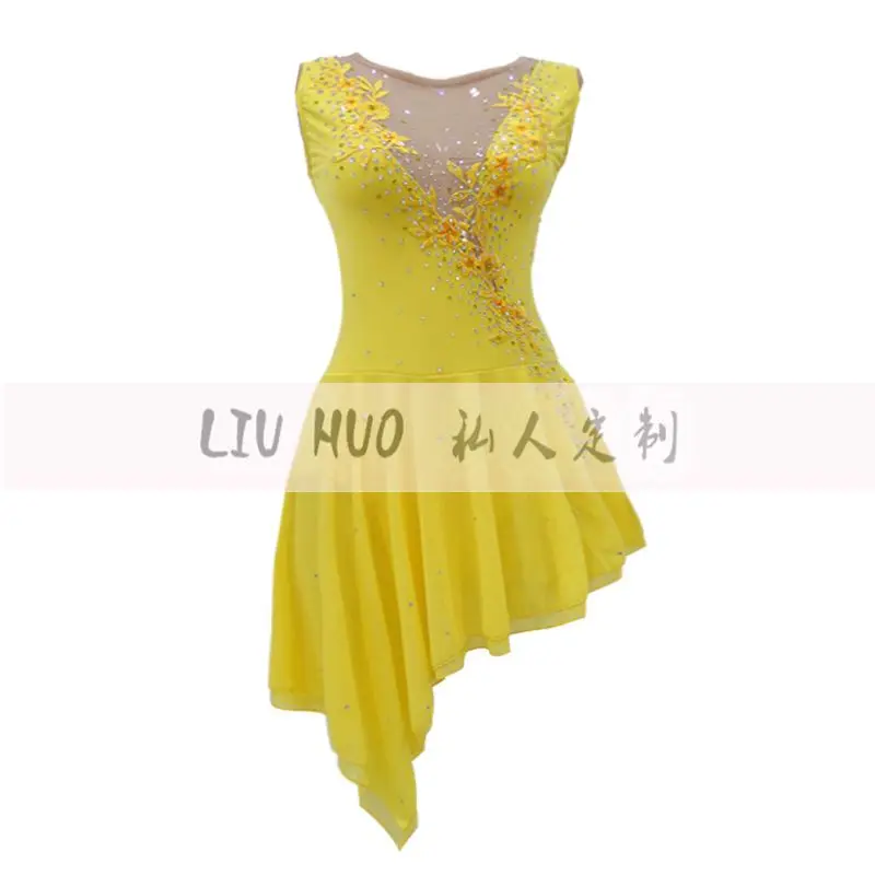 LIUHUO Figure Skating Dress Women's Girls' Ice Performance Yellow Sleeveless Rhythmic Gymnastics Competition Leotard Roller Kid