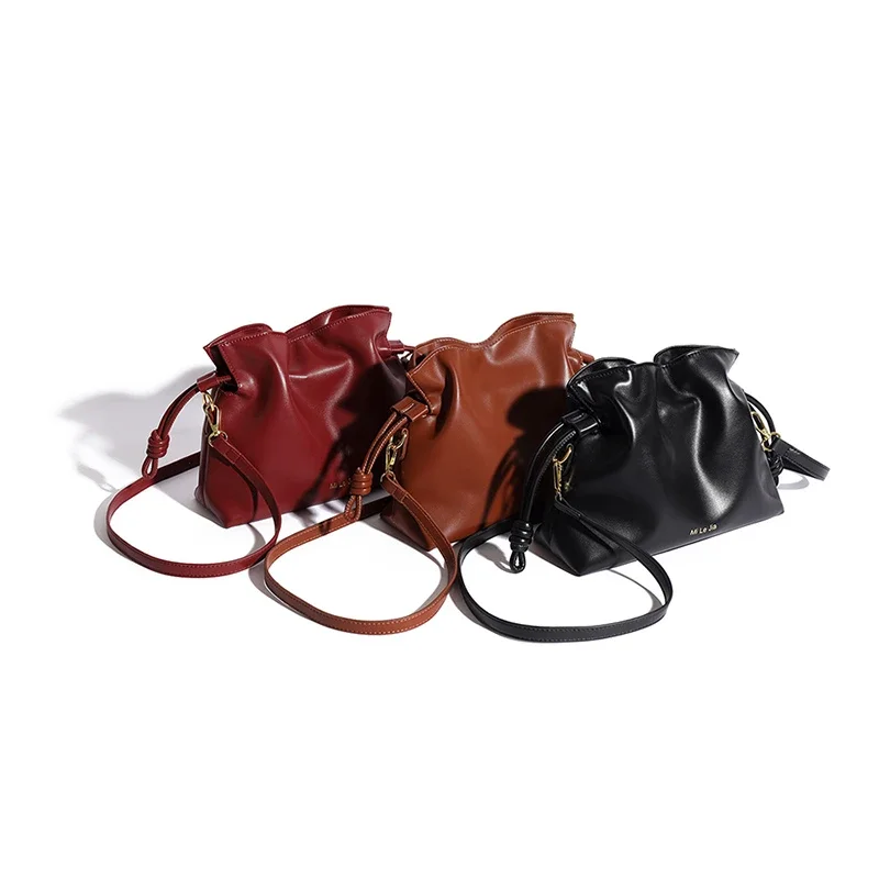 PU Drawstring New Shoulder Bags High Quality Lightweight Fashion Versatile Solid Color Sewing Thread Women's Crossbody Bags