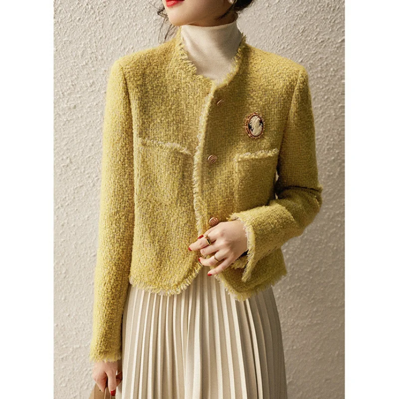 

Women Yellow Wool Blended Small Fragrance Short Coat O Neck Tassel High Quality French Casual Chic Long Sleeve Lady Tweed Jacket