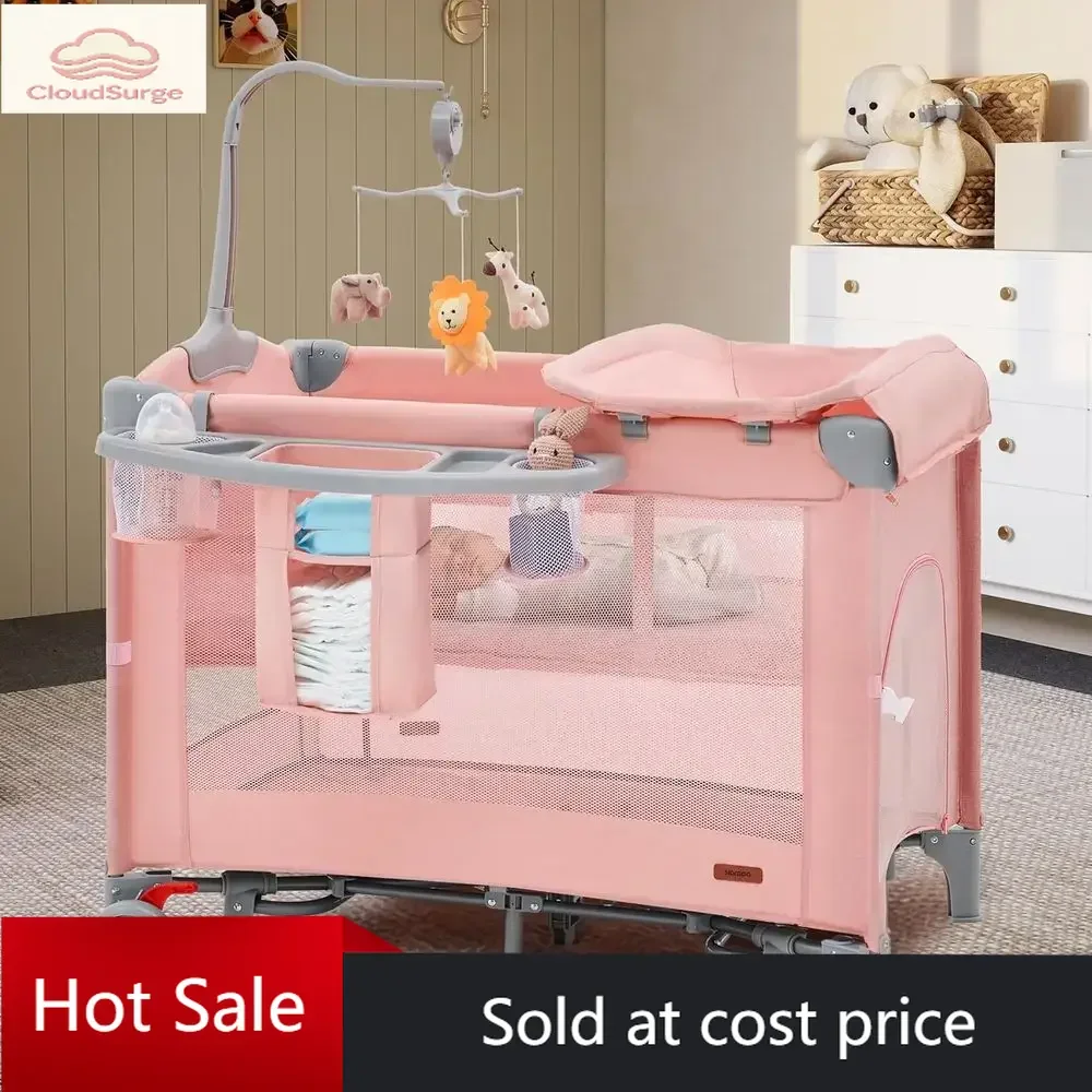 Promoción por tiempo limitado: Corralito portátil 6 en 1 para bebé con cuna, moisés, colchón y cambiador (rosa)