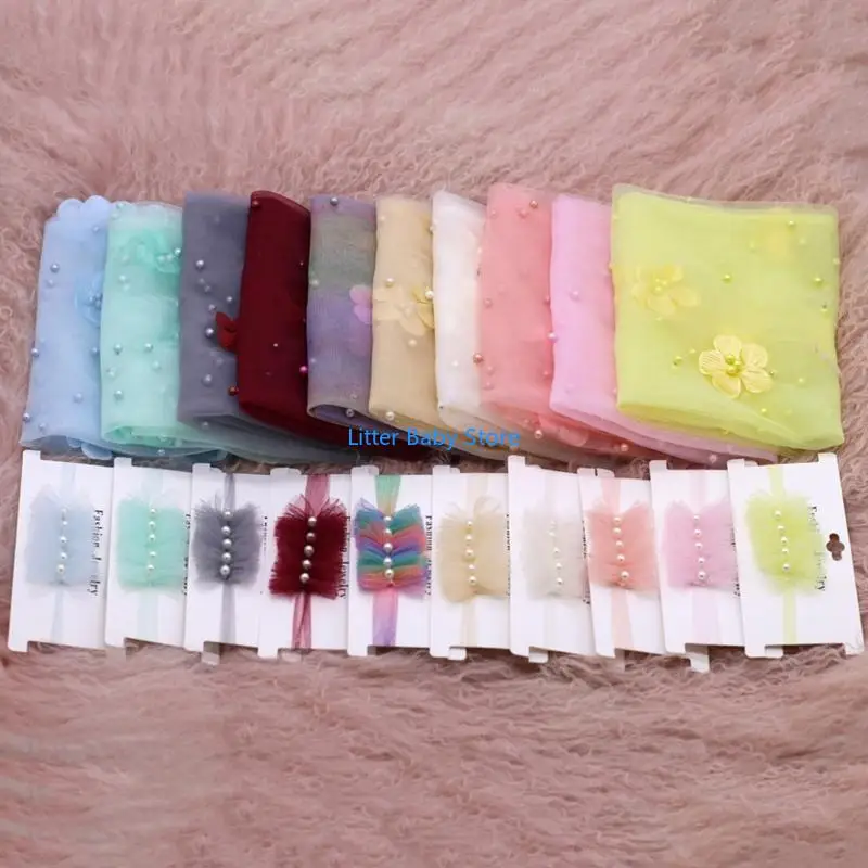 

N80C 2Pcs Newborn Baby Photography Props Long Wrap Beads Flower Decoration DIY Girl Boy Photo Props Blanket with