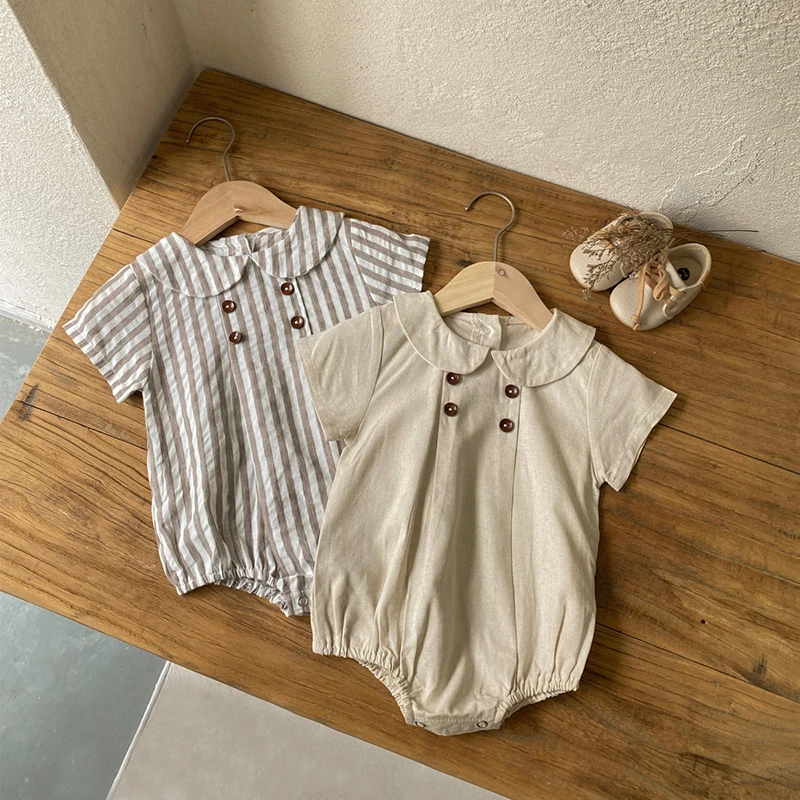 Summer New Preppy Style Baby Bodysuits Shirt Collar Girls Boys Bodysuit Breathable Linen One Piece Baby Clothing