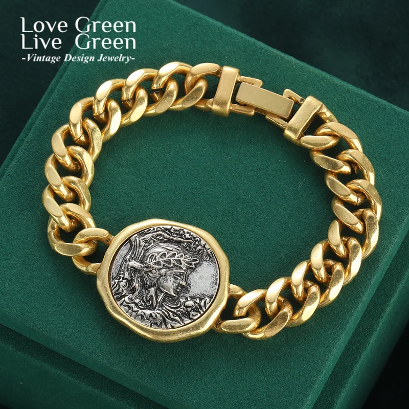

Vintage Gold Color Chain Bracelet For Jewelry Making Copper Beauty Portrait Ancient Round Coin Wide Women Wrist Accessories