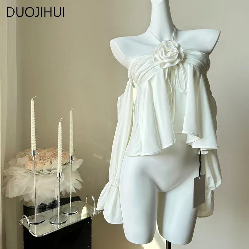 Duojihui เสื้อลำลองสตรีผ้าชีฟองสีขาว chicly สีทึบแบบเรียบง่ายสำหรับสาวออฟฟิศลำลองแฟชั่นใหม่