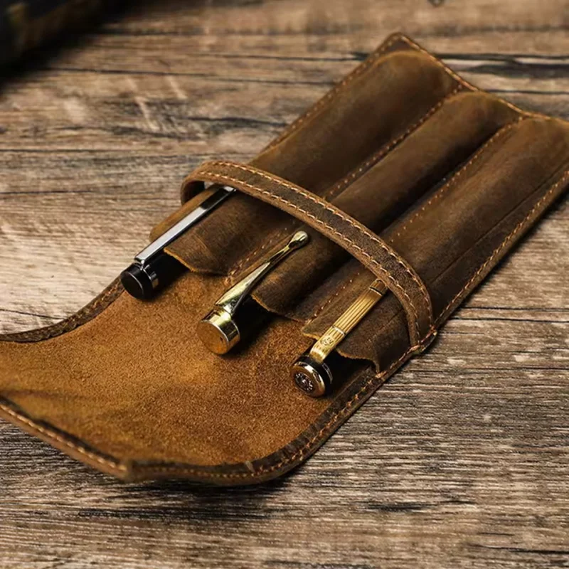 

Handmade Crazy Horse Leather 1/2/3 Slots Pen Case Organizer Pocket Pen Holder Case for Adult Office School Vintage Retro Style