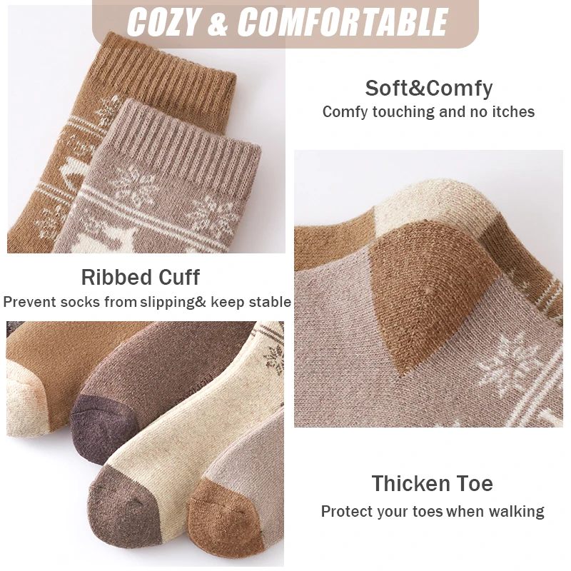 5 paia di calzini di lana addensati calzini da neve caldi da donna calzini termici per sport all'aria aperta calzini di alce di Natale regalo