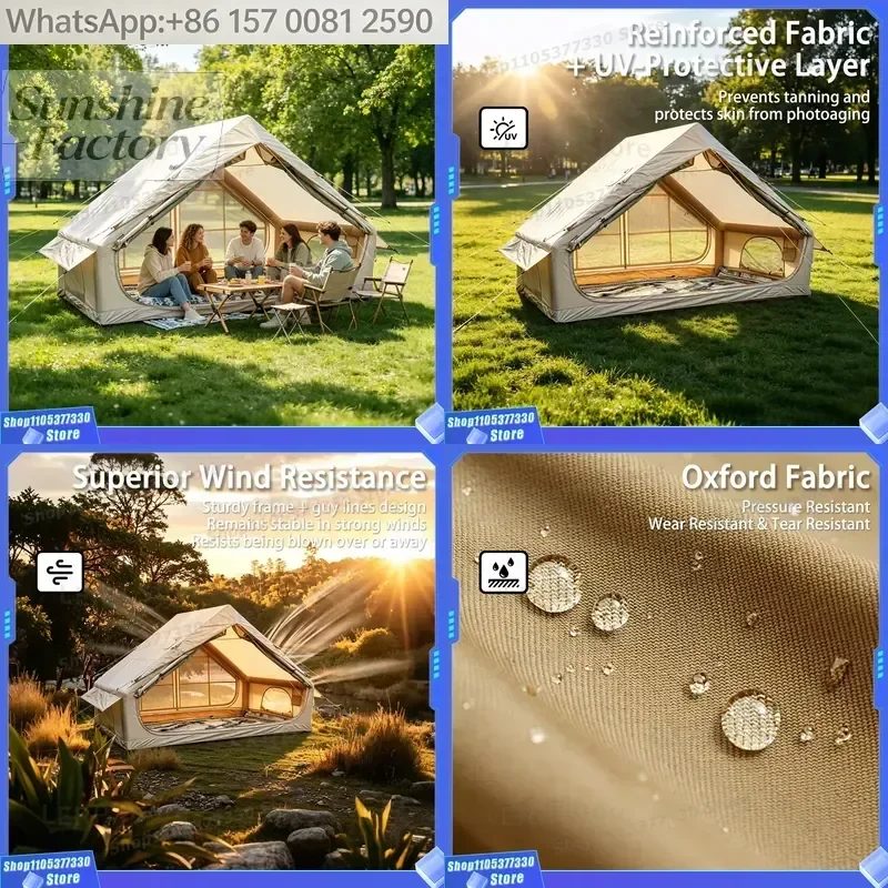6.3㎡ Inflatable Ridge Tent with Chimney Hole, Double Door 300D Oxford Hot Tent for 3-4 Person Camping, No Window Design, OEM