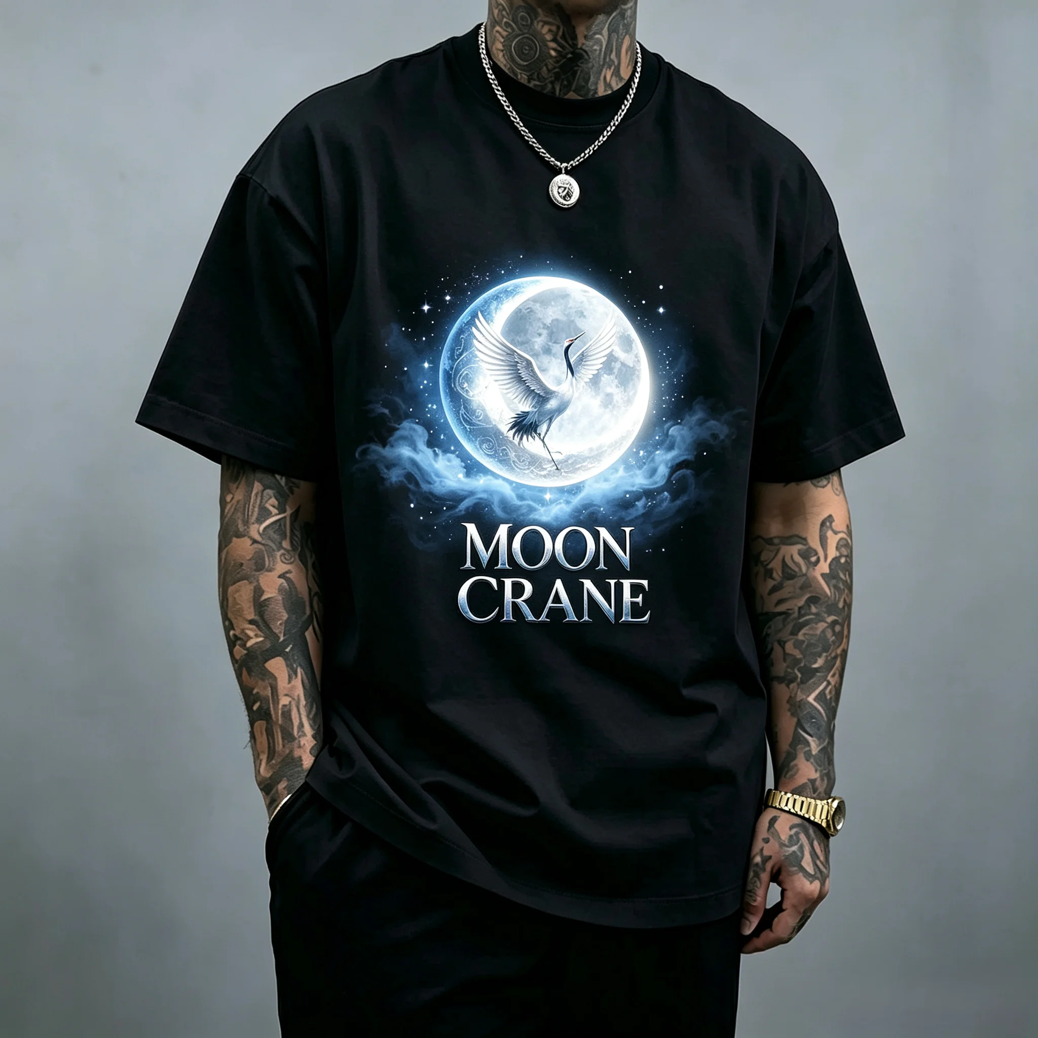 Unisex Moon Crane Graphic T Shirt Men Women Full Moon Red-crowned Crane Print Oversized Crew Neck Short Sleeve Tee Fantasy Oriental Streetwear Cotton Top