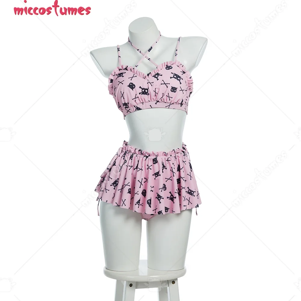 

haikyuu Women Skeleton Swimsuit Goth Two Piece Swimsuit with Skirt Pink Halter Bikini Gothic Bathing Suit