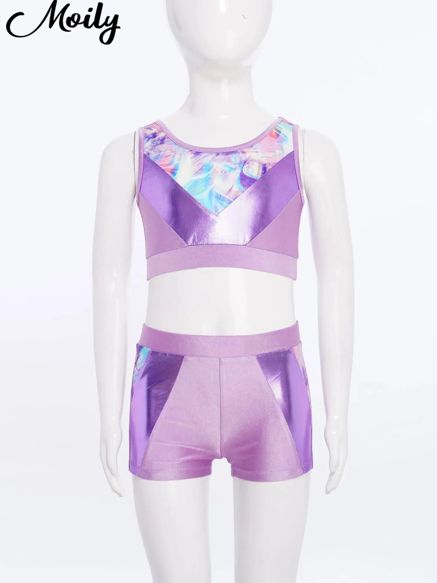 

Teen Girls Quickly Dry Sports Set Sleeveless Metallic Crop Tank Top with Shorts for Summer Yoga Gymnastics Sportswear Dancewear
