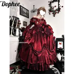 Dophee Original Pigeon Blood Red Bride Flower Wedding Dress Women Lolita Dress Gothic Rose Flowers Elegant Princess Long Dress