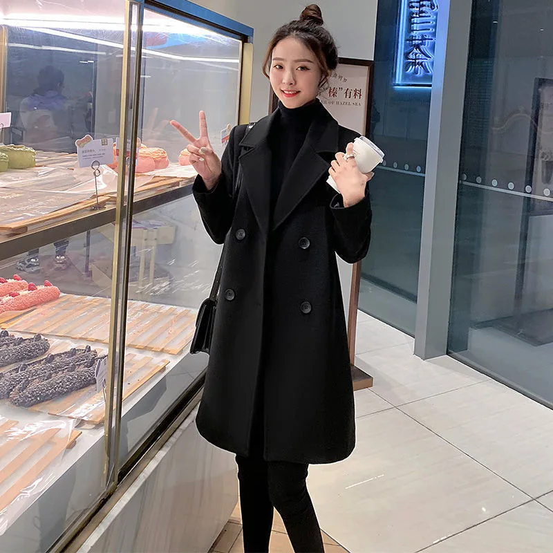 2023 Fashion Women Coat New Autumn And Winter Medium Length Thickened Black Korean Jacket Office Lady Regular Solid X-Long