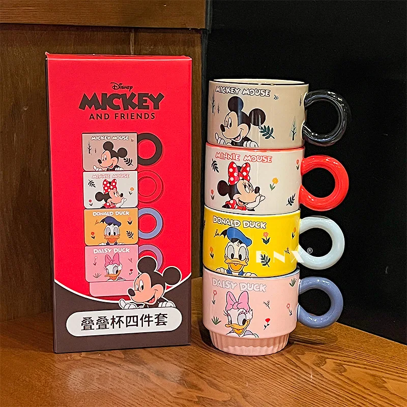 New 4Pcs/set Mickey Mouse Stacking Cup Ceramic Mug Household Water Cup Cute Minnie Children Milk Cup Breakfast Cup Gift Toys