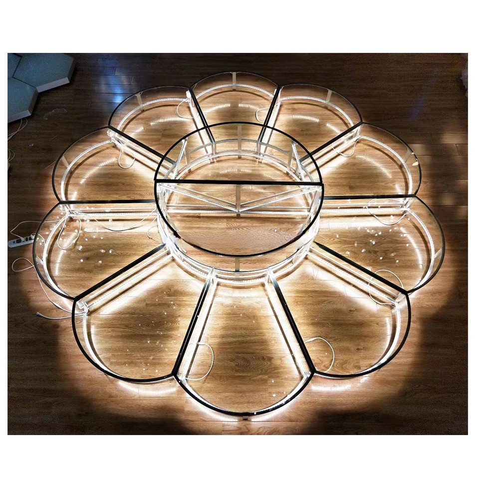 Venta caliente de fábrica medio círculo Led pista de baile colorida Disco Led piso superior de cristal para decoración de escenario de boda