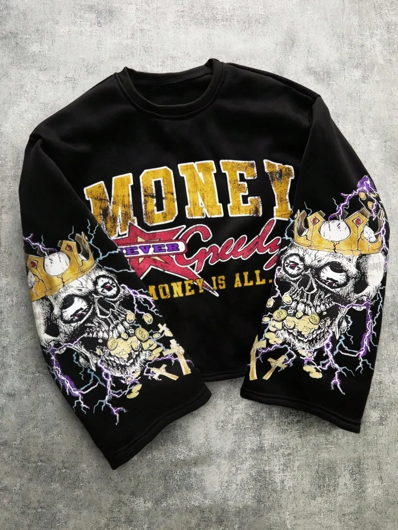 

Готический Панк Молния Череп Графический Топ Мужчины High Street Ретро Harajuku уличная одежда Хип-хоп Повседневная Свободная футболка Y2K с длинными рукавами