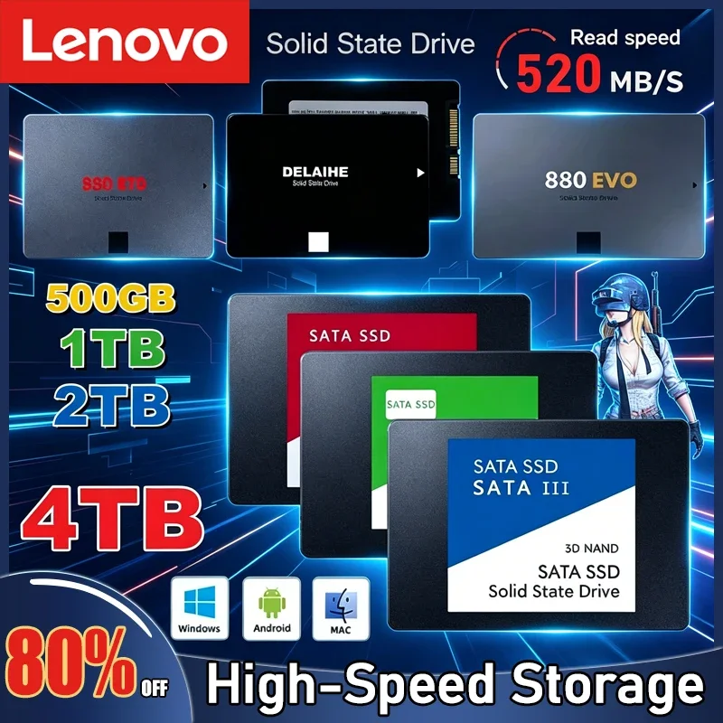 

Твердотельный накопитель Lenovo 4TB SSD 880 EVO 500G 1TB 2TB, внутренний жесткий диск SATA3 2.5 дюйма для ноутбуков, микрокомпьютеров и настольных ПК