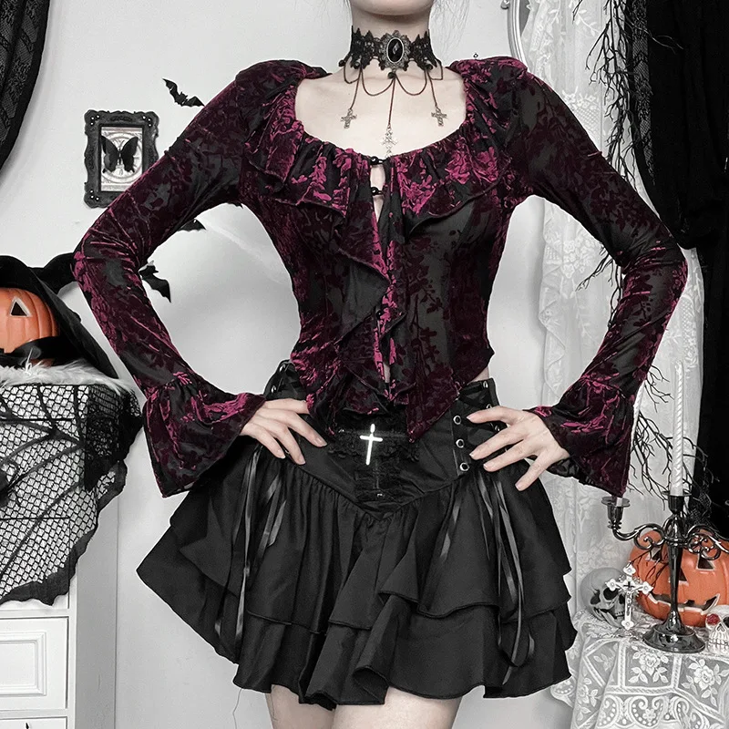 Autumn 2024 New Style Ruffle V-neck Long Sleeve Tops for Women Gothic Vintage Style Sexy Slim Fit T-shirt