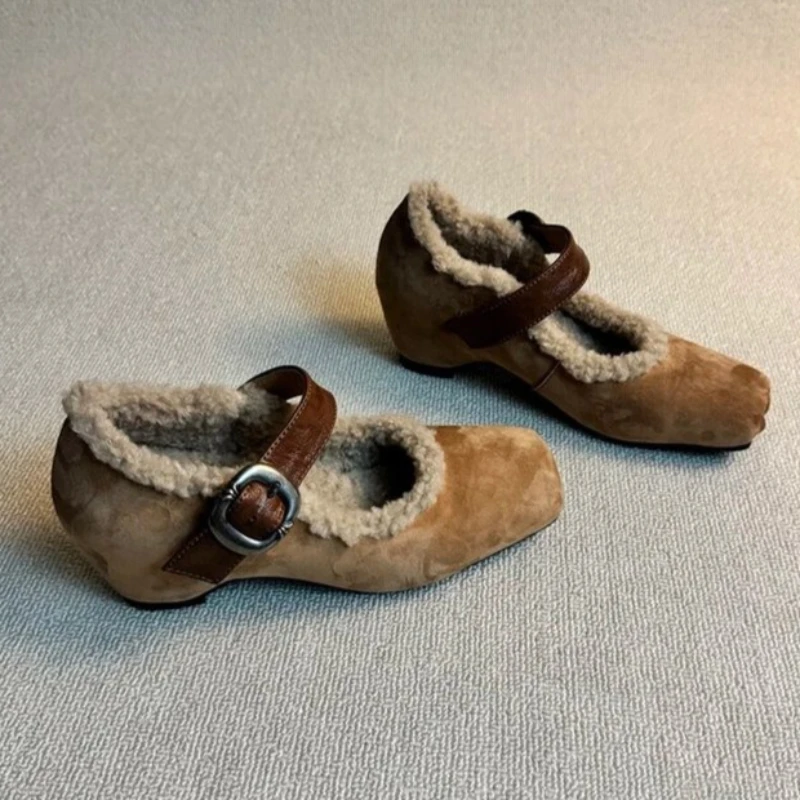 

Женские меховые туфли Мэри Джейн с квадратным носком, дизайнерские туфли на каблуке, новинка 2026, весенние элегантные лоферы, модельные теплые туфли Mujer De Zapatos