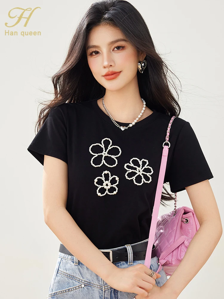 H Han Queen New Simple Knit New Korean Popular Clothes Loose Casual Vintage T-Shirts OL Office Wear Work Tops Elegant Womens Tee