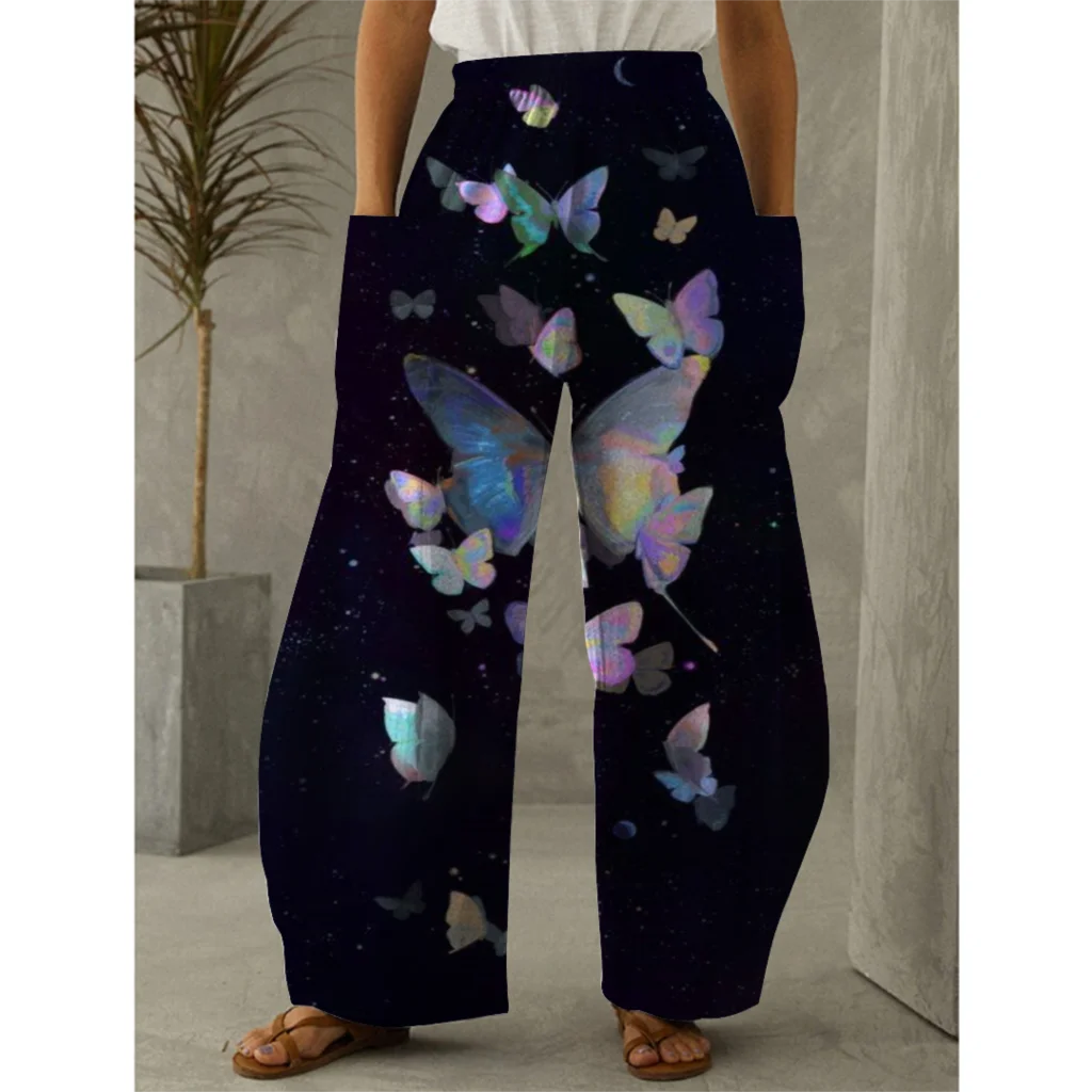 Casual loose pants with butterfly 3D print, Bohemian retro beach outfit, oversized pants, spring/summer