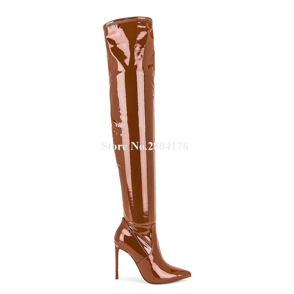 Women Fashion Brown Patent Leather Thin Heel Long Boots Shining Pointed Toe Slim Style Stiletto Heel Over Knee Boots Big Size