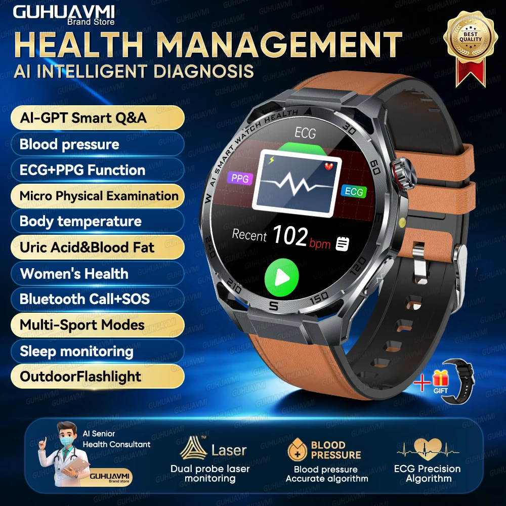 2026 AI Gezondheidsdiagnose ECG+PPG SmartWatch Mannen Bloeddruk Lipiden Urinezuur Hartanalyse 1,53-inch Bluetooth-oproep Smartwatch
